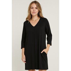 EILEEN FISHER dress pockets knee length 3/4 sleeve organic cotton black PM